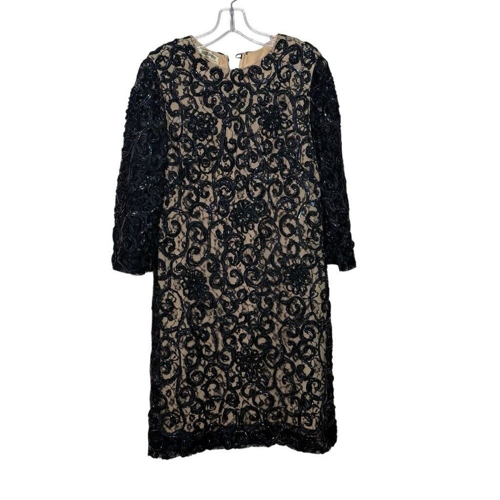 Vintage Joseph Magnin Black Tan 3/4 Sleeve Shift Mini Dress Size 9-10 Lace 60s